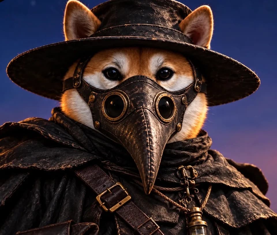 Dr. Pestinu: a Shiba Inu in a leather plague-doctor mask and wide-brimmed hat